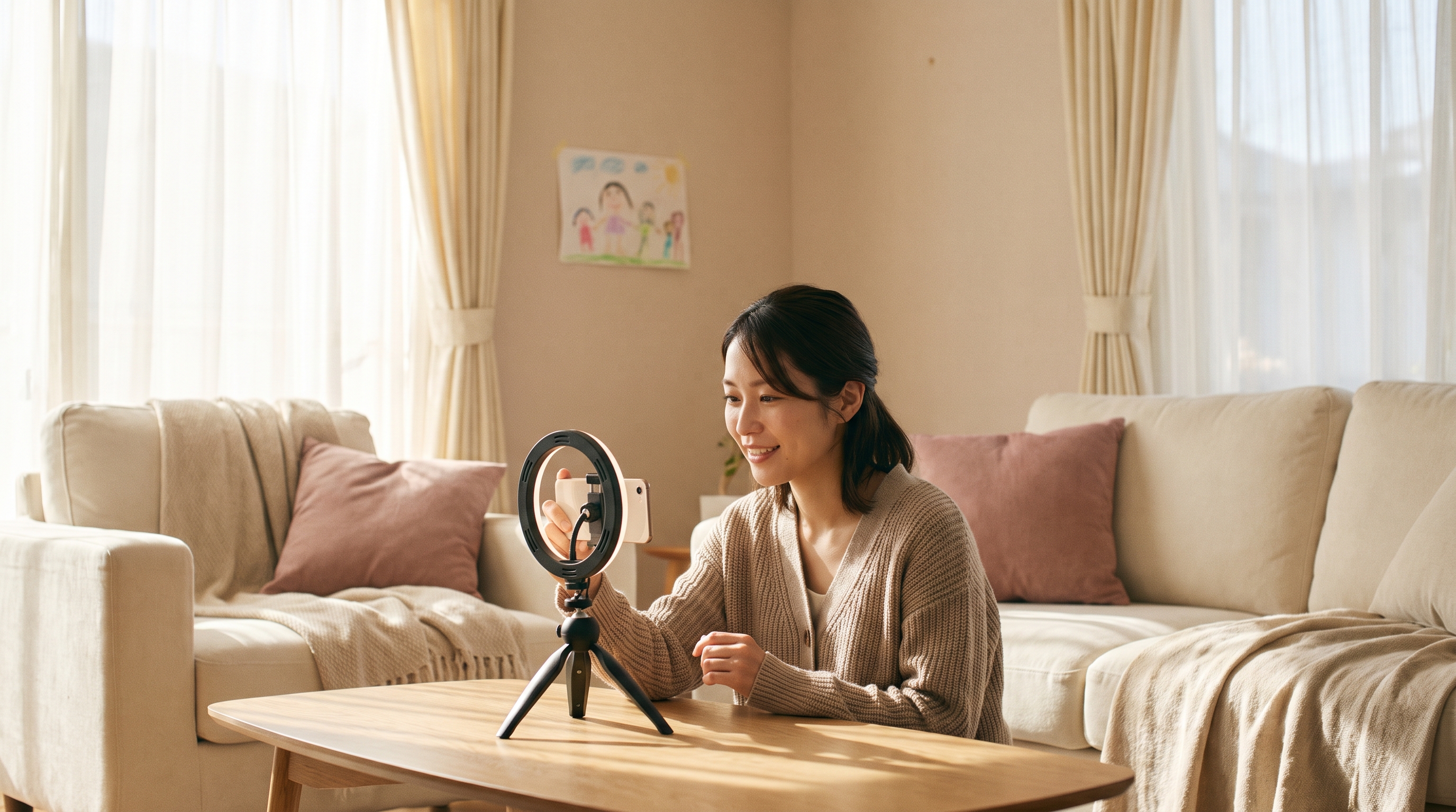 自宅のリビングでスマホ配信をする女性